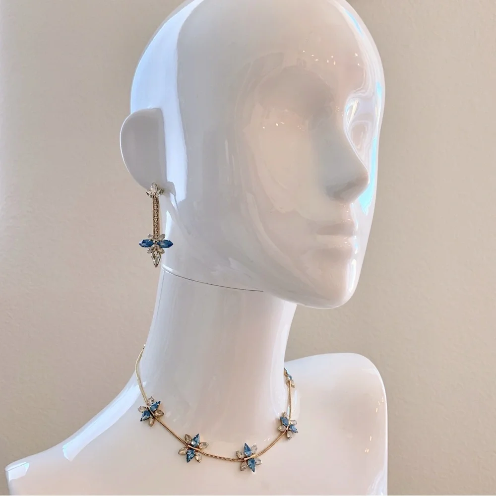 Blue Snowflake Choker Necklace and Earrings Statement Jewelry Set - Picture 2 of 7